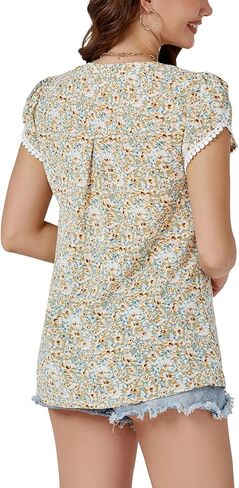 LYANER Women's Floral Notch V Neck Chiffon Tops Petal Short Sleeve Loose Shirts Tunic in Saudi Arabia