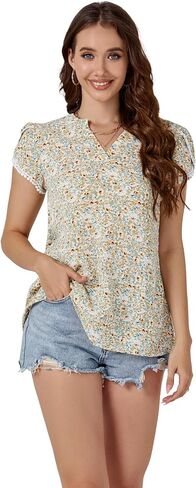 LYANER Women's Floral Notch V Neck Chiffon Tops Petal Short Sleeve Loose Shirts Tunic in Saudi Arabia
