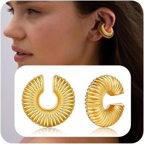 PRETOLE Chunky Ear Cuffs for Women Trendy Lightweight 14K Gold Plated Thick Ear Clip Earrings Hollow Tube Non Piercing Gold Ear Cuff Earrings for Women in Kuwait