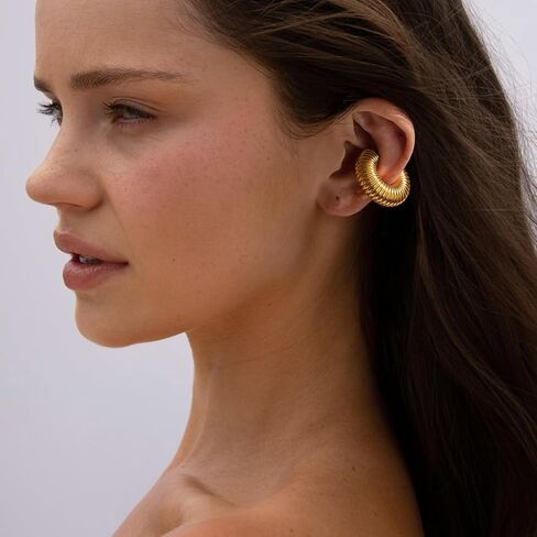 PRETOLE Chunky Ear Cuffs for Women Trendy Lightweight 14K Gold Plated Thick Ear Clip Earrings Hollow Tube Non Piercing Gold Ear Cuff Earrings for Women in Kuwait