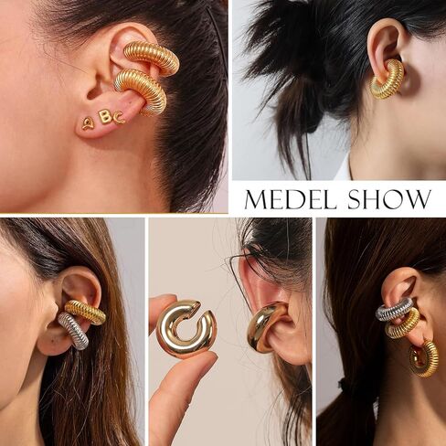 PRETOLE Chunky Ear Cuffs for Women Trendy Lightweight 14K Gold Plated Thick Ear Clip Earrings Hollow Tube Non Piercing Gold Ear Cuff Earrings for Women in Kuwait