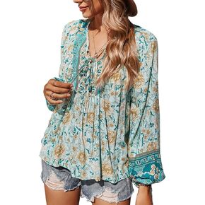 Women's Casual Floral Print V Neck Top Loose Boho Long Sleeve Beach Shirts Blouses