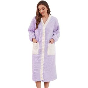 Womens Plush Robe, Soft Fluffy Bathrobe for Women Winter Button Warm Loungewear in Kuwait