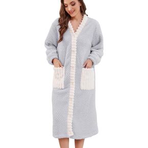 Womens Plush Robe, Soft Fluffy Bathrobe for Women Winter Button Warm Loungewear