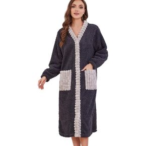 Womens Plush Robe, Soft Fluffy Bathrobe for Women Winter Button Warm Loungewear