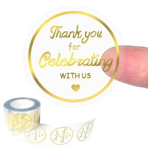 500 Pcs Gold Thank You Stickers 1.5 Inch, Thank You for Celebrating with Us Stickers, Clear Thank You Sticker Self-Adhesive, Wedding Favor Stickers Labels, Celebrating Stickers for Envelopes Seal