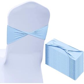 20 Pcs Spandex Chair Sashes Bows Chair Bands Slider Sashes for Chair Covers Elastic Chair Bands Ties Without Buckle Chair Decorations for Wedding Party Events Ceremony Birthday (Sky Blue)