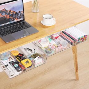 OTraki 3 Packs Under Desk Storage Drawer, Large & Medium & Small, Stick on Drawers Slide Out, Self-Adhesive Desk Amount Drawer Attach for Office, Home, School, Hidden Desktop Organizer, Clear