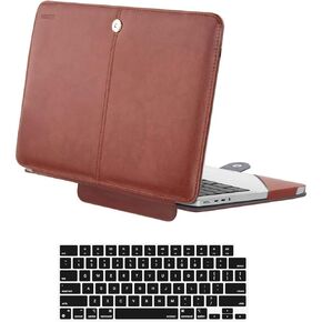 MOSISO Compatible with MacBook Pro 14 inch Case 2024 2023 2022 2021 M4 A3112 A3185 A3401 M3 A2918 A2992 M2 A2779 M1 A2442,PU Leather Folio Protective Stand Cover Sleeve with Keyboard Cover,Brown