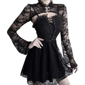 Women Long Sleeve Lace Bolero Shrug Open Front Cropped Cardigan High Neck Sweatshirts