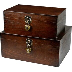 Wood Keepsake Boxes with Lock and Keys Handcrafted Decorative Wooden Storage Case Cabinet Container Hinged Lid Country Rustic Style Organizer for Trinkets Gift Card Collection Coffee Color 2 Pack