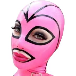 IMZAUYH Latex clothing Hood Mask Holiday Rubber Full Face Pink and Black Strips with Ponytail Wig cosplay handmade CF00