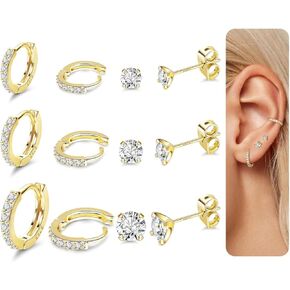 6Pairs S925 Sterling Silver Huggie Hoop Earrings for Women 14K Gold Plated Tiny CZ Stud Earrings Hypoallergenic Sterling Silver Earrings for Multiple Piercing