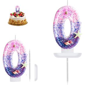 Birthday Candles, Number 0 Candle, Mermaid Theme Birthday Cake Decorations, Happy Birthday Candles for Cake, Pink Purple Numeral Candle Mermaid Cake Topper Birthday Party Favors Decorations