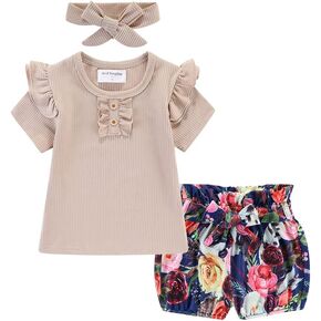 Mud Kingdom Rib Little Girls Outfit with Headband Ruffle Sleeve Tops and Floral Short Set