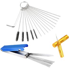 Carburetor Carbon Dirt Jet Remove Cleaner, Carburetor Cleaning Tool Kits for Motorcycle ATV Moped Welder Carb (13 Cleaning Wires Set + 5 Nylon Brushes + 10 Cleaning Needles + 1 Wrench + 1 Sharp Pick)