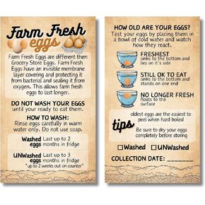 Cute country farm fresh eggs instruction cards - Business Card Size 2 x 3.5 Inches -Front and Back writable surface for collection date and if washed with egg care tips