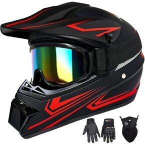Youth Kids Motocross Helmet, Adult ATV Dirt Bike Helmet with Goggles Gloves & Mask Quick, Full Face Motorcycle Helmet with Quick Release Buckle DOT Certified