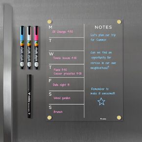 Magnetic Acrylic Weekly Calendar for Fridge, Includes 4 Magnetic Wet-Erase Markers for Refrigerator, 9" X 12" | Gold Hardware