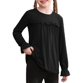 Girls Long Sleeve Shirts Cute Ruffle Tee Crewneck Tunic Tops Kids Fall Blouses 2024 Soft T-Shirt Size 6-15 Years