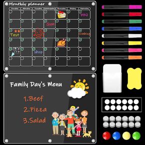 Magnetic Calendar for Refrigerator, 2 Pcs Fridge Calendar of Monthly & Blank, Acrylic Calendar for Fridge with 8 Markers, Magnetic Pen Holder Erase, Anti-Scratch Silicone Cover and Nano Stickers