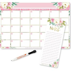 Floral Dry Erase Board Calendar - Magnetic Dry Erase Calendar for Fridge, White Board Calendar for Wall, Magnetic Fridge Calendar Dry Erase Magnetic Calendar for Refrigerator, Magnetic Notepad