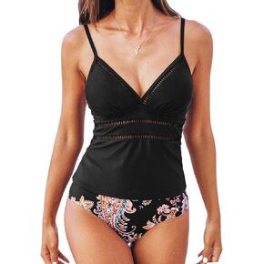 CUPSHE Women's Tankini Sets Two Piece Swimsuits V Neck Adjustable Straps Cutout Mid Rise
