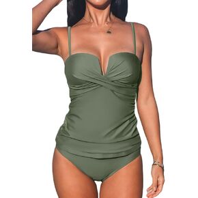 CUPSHE Women's Tankini Sets Two Piece Swimsuit Sweetheart Neck Mid Rise Adjustable Straps Front Wrapped