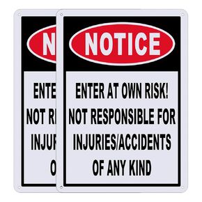 Notice Enter at Own Risk Sign 2-Pack, Not Responsible for Accidents or Injuries Sign, Caution Safety Signs, 10"x 7" - .040 Aluminum Reflective Sign UV Protected and Weatherproof