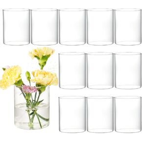 12pcs Glass Cylinder Vases for Centerpieces - 4 inch Clear Glass Flowers Vases Bulk, Hurricane Glass Candle Holders Floating Candle Vases for Table Centerpiece Formal Dinners Home Decor