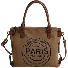 Women Vintage Paris Upcycled Lightweight Canvas Tote Crossbody Bag with Zipper for Work
