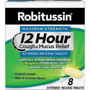 Robitussin Maximum Strength 12 Hour Cough and Mucus Relief, Expectorant and Cough Suppressant, 8 Extended-Release Tablets