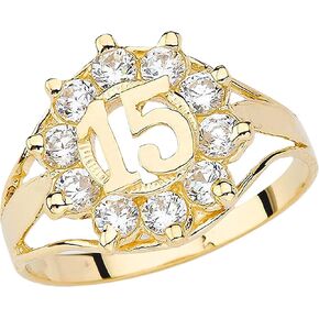 10k Yellow Gold Round Cubic Zirconia Openword Quinceanera "15" Fashion Ring - Size 8