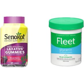 Senokot Dietary Supplement Laxative Gummies, Natural Senna Extract & Dulcolax Chewy Fruit Bites, Saline Laxative, Cherry Berry (30ct) Cramp-Free Constipation Relief