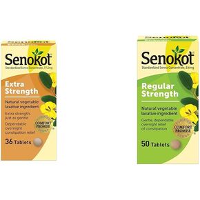 Senokot Extra Strength Natural Vegetable Laxative for Gentle Overnight Relief Occasional Constipation, 36 Count & Regular Strength Tablets Natural Vegetable Laxative Ingredient, 50 Count