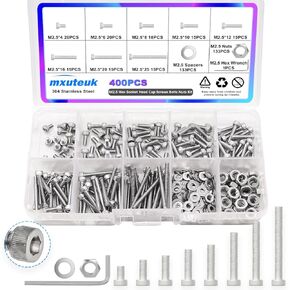 mxuteuk M2.5 Screw Assortment Set,M2.5 x 4/6/8/10/12/16/20/25mm Hex Socket Head Cap Screws Bolts Nuts Kit,400PCS 304 Stainless Steel Assorted Screws with Hex Wrench G035-M2.5