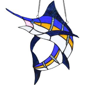 Bieye W10081 Blue Atlantic Marlin Sailfish Tiffany Style Stained Glass Window Panel Hangings, 14.75" Wx14 H