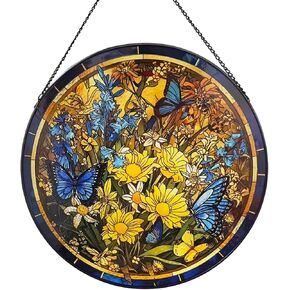 9.8'' Butterfly Floral Stained Glass Window Hangings,Daisy Suncatchers for Window Flower Suncatcher with Chain, Home Garden Christmas Party Wedding Decor(Yellow)