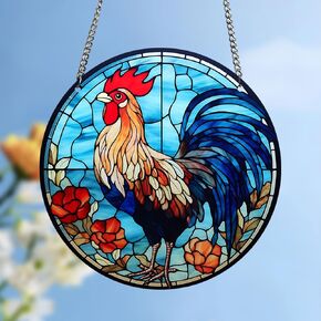 Roosters Acrylic Window Hangings Blue Theme Suncatcher Stained Window & Wall Decor for Indoor/Outdoor, Ideal Housewarming Gift, Home Decor for Grandma Wife Teacher Animal Lover