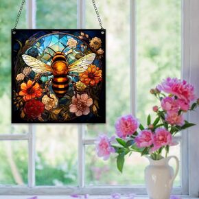 Bee Flowers Window Hangings Acrylic Insects Suncatcher Stained Glass Panels Wall Decor For Indoor, Ideal Housewarming Gift Home Decor For Mom Grandma Wife Teacher