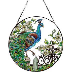 Peacock Stained Glass Suncatcher Window Wall Hanging Decor Ornament 6.5''*6.5'', Hand-Painted Sun Catcher Glass Panel Decor Art Home Garden Decor Housewarming Gift (Peacock)