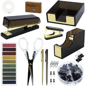 Desk Accessories Kit, Office Supplies Set with Acrylic Stapler, Tape Dispenser, Staple Remover, Staples, Clips, Sticky Note, Ballpoint Pen, Scissor, Transparent Tape, Sticky Note Holder (Black)