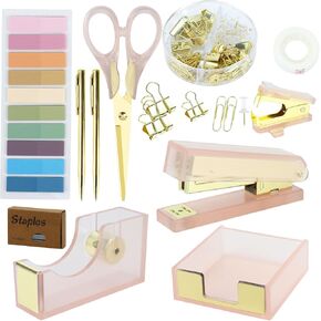 Desk Accessories Kit, Office Supplies Set with Acrylic Stapler, Tape Dispenser, Staple Remover, Staples, Clips, Sticky Note, Ballpoint Pen, Scissor, Transparent Tape, Sticky Note Holder