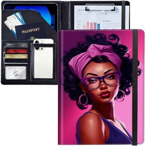 Blackgirl with Glasses Padfolio Portfolio Leather Binder, Resume Portfolio Folder with Elastic Band, Conference/Legal Document Organizer with A4 Size Clipboard, 4 Card Holder