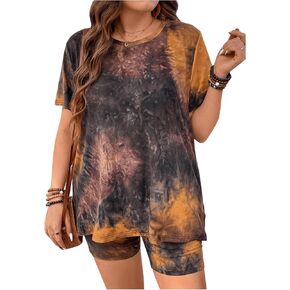 SOLY HUX Women's Plus Size Casual 2 Piece Outfit Tie Dye T-Shirt Tops Biker Shorts Set Tracksuit