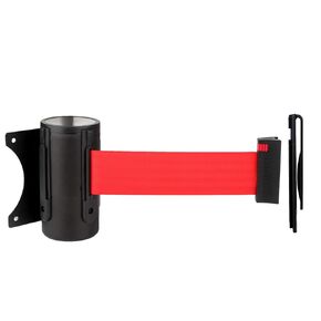 Black Wall Mounted Crowd Control Retractable Belt Safety Barriers with 6.5Ft Red Belt, Supports Belt Automatic Deceleration and Locking Button