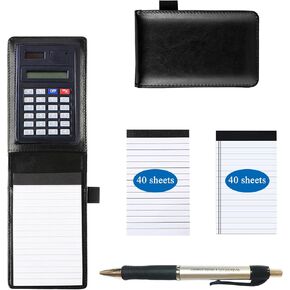 KXF Refillable A7 Pocket Journal Notebook with 2 Refill Pads & Calculator & Pen Small Shopping Note Pad Handy Memo Pad Book Ruled Reporters PU Leather Refillable Writing Pad Ideal Gift, 40 Sheets