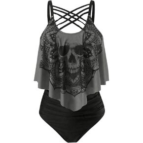 SOLY HUX Women's Plus Size Swimsuit Skull Print Criss Cross Ruffle Bikini Tankini Two Piece Bathing Suit