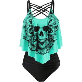 SOLY HUX Women's Plus Size Swimsuit Skull Print Criss Cross Ruffle Bikini Tankini Two Piece Bathing Suit