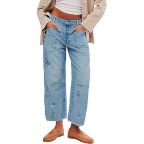 LifeShe Women's Embroidered Barrel Jeans Low Rise Wide Leg Denim Pants Stretchy Baggy Boyfriend Trousers